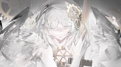  1girl blmbot13 clock_hair_ornament e.g.o_(project_moon) elbow_gloves everlasting_(e.g.o) faust_(project_moon) gear_hair_ornament gloves hand_up highres limbus_company portrait project_moon short_hair sidelocks solo upper_body white_gloves white_hair white_veil 