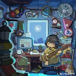  1girl acoustic_guitar ahoge alarm_clock analog_clock barefoot blush_stickers book book_stack bookmark box broom brown_hair cactus clock closed_eyes coffee_mug commentary_request computer crab crescent_moon cup desk desk_lamp drawer earth_(planet) electric_fan fish fish_tank guitar headphones highres hood hoodie indoors instrument lamp loading_screen monitor moon moonlight mug music night no_mouth on_chair original pants picture_frame planet plant playing_guitar playing_instrument potted_plant scenery shelf shimarisu_yukichi shoes sitting solo traffic_light translation_request unworn_shoes wide_shot 