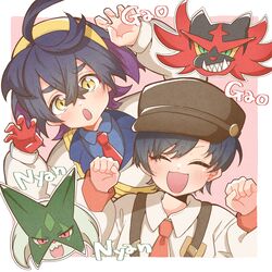  2boys :d :o absurdres ahoge black_hair border brown_hat claw_pose closed_eyes colored_inner_hair commentary_request crossed_bangs fang florian_(pokemon) gloves hair_between_eyes hat highres incineroar kazunokoumaa_(mymyabyss) kieran_(pokemon) male_focus meowscarada multicolored_hair multiple_boys necktie open_mouth outside_border paw_pose pokemon pokemon_(creature) pokemon_sv purple_hair red_gloves red_necktie short_hair single_glove skin_fang smile two-tone_hair white_border yellow_eyes 