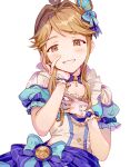  1girl blue_bow blue_dress blue_ribbon blush bow breasts brown_eyes brown_hair collarbone crown dot_nose dress dress_bow gloves hair_bow hair_ribbon hand_on_own_cheek hand_on_own_chest hand_on_own_face hands_up idolmaster idolmaster_million_live! idolmaster_million_live!_theater_days inzup long_hair looking_at_viewer medium_breasts mini_crown neck_ribbon open_mouth ribbon short_sleeves sidelocks simple_background smile solo striped_ribbon tenkubashi_tomoka upper_body white_background white_gloves 