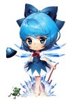  1girl bare_arms bare_legs barefoot bell blue_bow blue_dress blue_eyes blue_hair bow bowtie chibi circle_skirt cirno closed_mouth collared_shirt commentary commission crossed_legs crowbar crystal dress english_commentary eyelashes flying_sweatdrops frog full_body hair_bow hand_on_own_hip holding holding_crowbar ice ice_wings light_blush light_particles no_shoes pink_lips puffy_short_sleeves puffy_sleeves red_bow red_bowtie satchely shirt short_dress short_hair short_sleeves sleeveless sleeveless_dress smile solo standing toes touhou transparent_background triangle_print white_shirt wings 