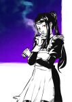  1girl absurdres blowing_smoke cigarette cigarette_pack highres jill_stingray maid maid_day nocturea red_eyes smoke_trail smoking spot_color twitter_username two-tone_background va-11_hall-a 