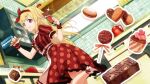  1girl 22/7 22/7_ongaku_no_jikan :p alternate_hair_ornament blonde_hair cake candy chocolate chocolate_bar chocolate_cake chocolate_making cowboy_shot dress dutch_angle food frilled_dress frills from_below fujima_sakura game_cg hairband hands_up heart-shaped_cookie highres holding holding_chocolate holding_food holding_whisk indoors kitchen leg_up lens_flare long_hair macaron non-web_source official_art red_dress red_footwear red_hairband red_ribbon red_wrist_cuffs ribbon short_sleeves sidelocks single_hair_ring socks solo sparkle tongue tongue_out violet_eyes whisk white_socks wrist_cuffs 