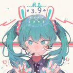  1girl 39 animal_ears aqua_eyes aqua_hair aqua_nails black_necktie claw_pose closed_mouth collared_shirt commentary dan_ji drawn_ears grey_background hair_between_eyes hair_ornament hands_up hatsune_miku headset long_hair looking_at_viewer miku_day nail_art nail_polish necktie portrait rabbit_ears shirt simple_background sleeveless sleeveless_shirt smile solo sticker_on_face straight-on twintails vocaloid white_shirt 