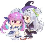  2girls absurdres accident ahoge anchor_symbol arched_bangs black_capelet black_skirt blue_dress blue_hair blue_ribbon blush capelet chibi chibi_only colored_inner_hair dress drill_hair grey_hair grey_thighhighs hair_bun hair_ribbon hairband hand_on_another&#039;s_head hat headpat highres hololive long_hair long_sleeves maid maid_headdress minato_aqua minato_aqua_(1st_costume) miniskirt multicolored_hair multiple_girls murasaki_shion murasaki_shion_(1st_costume) nishi_azuma purple_hair ribbon short_dress side_up_bun simple_background single_side_bun skirt squatting streaked_hair striped_clothes striped_thighhighs tearing_up thigh-highs tilted_headwear twin_drills twintails two-tone_hair vertical-striped_clothes vertical-striped_thighhighs violet_eyes virtual_youtuber white_background witch_hat yellow_eyes 
