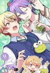  +_+ 2boys :&gt; :d animal_bag aqua_hair beret blue_sweater_vest brown_trim bubble_tea character_bag closed_mouth collared_shirt commentary_request cup disposable_cup drink drinking_straw frog green_background green_bag hair_between_eyes hangyodon hasunoue_keroppi hat heart highres holding holding_cup holding_drink holding_telescope kamishiro_rui kappa kero_kero_keroppi long_sleeves looking_at_another looking_through_scope lower_teeth_only male_focus multicolored_hair multicolored_shirt multiple_boys open_mouth orange_eyes orange_hair outline project_sekai purple_hair sanrio sara_(wan_wandaho_i) shirt short_hair smile star_(symbol) streaked_hair sweater_vest teeth telescope tenma_tsukasa triangle two-tone_hair two-tone_shirt upper_body upper_teeth_only white_hat white_outline white_shirt yellow_eyes 