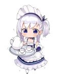  1girl apron azur_lane blush chibi closed_mouth cup dress flying_sweatdrops full_body gloves holding holding_tray little_bel_(azur_lane) long_hair maid maid_headdress moru_(monaka) one_side_up saucer simple_background solo sweat teapot tray trembling violet_eyes white_apron white_background white_gloves 