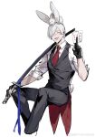  1boy absurdres animal animal_ears animal_on_head bishounen bow bowtie card dante_(devil_may_cry) devil_may_cry_(series) devil_may_cry_4 facial_hair fingerless_gloves fishnet_pantyhose fishnets gloves highres holding holding_card looking_at_viewer male_focus male_playboy_bunny mature_male necktie on_head pantyhose playboy_bunny rabbit rabbit_boy rabbit_ears rabbit_on_head rabbit_tail simple_background smile solo suit sword tail waiter weapon weibo_7054093389 white_hair yamato_(sword) 