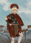  1girl arm_wrap armor belt blonde_hair blue_sky centurii-chan chainmail cityscape cloak hand_on_own_hip highres kkghost_tv medal orange_eyes original plume roman_armor roman_empire short_hair skirt sky smile solo stick 