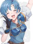  1girl :d ^_^ armor belt black_gloves blue_hair border breastplate closed_eyes commentary_request eyelashes fire_emblem fire_emblem:_the_binding_blade gloves grey_background highres open_mouth outside_border sakura_no_yoru short_hair smile solo teeth thea_(fire_emblem) upper_teeth_only white_border 