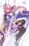  aiming arrow_(projectile) black_footwear black_gloves blue_eyes boots bow_(weapon) breasts cape closed_mouth crystal_flower elf elysia_(honkai_impact) elysia_(miss_pink_elf)_(honkai_impact) gloves hair_ornament high_heel_boots high_heels highres holding holding_arrow honkai_(series) honkai_impact_3rd long_hair looking_down pink_hair pink_pupils pointy_ears weapon ylan_tu 