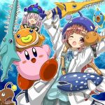  2girls anglerfish_costume animal_bag blunt_bangs closed_eyes fish_hat hair_bun hat heaven_burns_red holding jacket kunimi_tama long_hair long_sleeves marihei64ds mizuhara_aina multiple_girls neck_ribbon one_eye_closed open_mouth pink_eyes pink_hair ribbon shirt smile twintails very_long_hair 