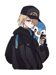  1boy alternate_costume baseball_cap black_gloves black_jacket blonde_hair blue_eyes cellphone character_request cowboy_shot cropped_torso fingerless_gloves freminet_(genshin_impact) genshin_impact gloves hair_over_one_eye hat highres holding holding_phone jacket male_focus phone pokemon smartphone solo_focus yagimi0n 