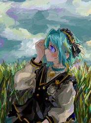  1boy adjusting_hair androgynous apron aqua_hair arm_at_side backlighting black_apron black_hairband buttons closed_mouth clouds cloudy_sky day dress_shirt ensemble_stars! field frilled_hairband frills from_side gold_trim grass hair_intakes hairband hand_up highres jewelry light_blush long_sleeves looking_ahead male_focus medium_hair necklace no_pupils oekaki official_alternate_costume outdoors profile puffy_long_sleeves puffy_sleeves shino_hajime shino_hajime_(made-to-order) shirt sky solo swept_bangs taiheiyo upper_body violet_eyes white_shirt wind 