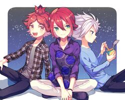  3boys black_pants blue_shirt border closed_mouth collared_shirt eating food_in_mouth green_eyes grey_hair grey_shirt highres inazuma_eleven_(series) indian_style jacket jagariko kiyama_hiroto long_sleeves looking_at_viewer male_focus multiple_boys nagatsukiariake nagumo_haruya open_mouth pants plaid_clothes plaid_jacket purple_shirt shirt short_hair sitting smile suzuno_fuusuke teeth upper_teeth_only white_border white_pants 