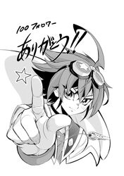  1boy ahoge collar commentary_request goggles goggles_on_head greyscale halftone highres jacket jacket_on_shoulders jewelry milestone_celebration miyoshi_naohito monochrome pendant pointing pointing_at_viewer sakaki_yuya short_hair simple_background solo star_(symbol) translation_request upper_body white_background yu-gi-oh! yu-gi-oh!_arc-v 