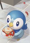  animal_focus bird blue_eyes bread bread_slice cherry_tomato commentary_request dropped_food food fried_egg fried_egg_on_toast highres holding holding_plate indoors no_humans penguin piplup plate pokemon pokemon_(creature) pokemon_airy sausage toast tomato walking 