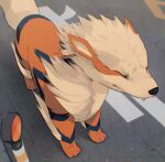  arcanine black_fur body_fur closed_eyes dog fangs nagasaki_wonderful orange_fur pokemon pokemon_(creature) road solo street striped_fur wind 