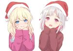  2girls :d blonde_hair blue_eyes blue_hair blush bob_cut brown_sweater closed_mouth colored_inner_hair eighth_note embarrassed gradient_hair grey_hair hair_down hat highres inverted_bob light_blue_hair link!_like!_love_live! long_hair long_sleeves looking_at_viewer love_live! multicolored_hair multiple_girls musical_note nervous_smile open_mouth osawa_rurino pink_eyes pink_sweater red_hat redhead santa_hat short_hair simple_background sleeves_past_fingers sleeves_past_wrists smile streaked_hair sweatdrop sweater virtual_youtuber wavy_mouth white_background yugiri_tsuzuri yutuki_ame 