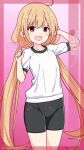  1girl ahoge artist_name bike_shorts black_shorts blonde_hair brown_eyes character_name commentary_request cowboy_shot flat_chest futaba_anzu gradient_background gym_shirt gym_uniform highres idolmaster idolmaster_cinderella_girls inaba_shiki long_hair looking_at_viewer low_twintails pink_background shirt shorts signature smile solo standing t-shirt twintails white_shirt 