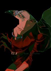  1boy belt belt_buckle black_belt black_coat black_pants black_shirt buckle coat collared_shirt highres lapels light lips long_sleeves looking_at_viewer love_and_deepspace male_focus notched_lapels osaki_iyo pants parted_lips red_eyes shirt short_hair solo sylus_(love_and_deepspace) twitter_username white_hair 