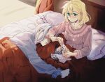  2girls anisphia_wynn_palettia bed blonde_hair blue_shirt blush canopy_bed closed_mouth commentary ear_blush euphyllia_magenta green_eyes grey_hair hickey highres holding_nail_file indoors koyomania long_hair long_sleeves medium_hair multiple_girls nail_clippers nail_file on_bed pajamas parted_lips pillow pink_shirt shirt sleeping tensei_oujo_to_tensai_reijou_no_mahou_kakumei under_covers yuri 