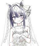  1girl alternate_hairstyle animal_ears blue_hair blush breasts bridal_veil commentary dark_blue_hair dress flower hair_between_eyes hair_ornament horse_ears horse_girl jewelry medium_breasts nakichi_n ring smile solo umamusume veil verxina_(umamusume) violet_eyes wedding_dress wedding_ring white_background 