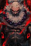  1boy abs akuma_(street_fighter) aura bead_necklace beads beard dark-skinned_male dark_skin facial_hair glowing glowing_eyes hankuri high_ponytail jewelry looking_at_viewer muscular muscular_male necklace no_eyebrows old old_man red_eyes red_theme solo street_fighter street_fighter_6 upper_body white_hair 