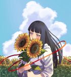  1girl black_hair blue_sky blunt_bangs blush clouds commentary_request day field flower flower_field grey_eyes highres holding holding_flower hood hoodie hyuuga_hinata leaf long_hair looking_at_viewer naruto_(series) no_pupils outdoors plant pnpk_1013 sky solo sunflower upper_body yellow_flower 