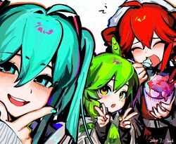  3girls ahoge alternate_costume aqua_eyes aqua_hair belt closed_eyes cup dated double_v drill_hair eating edamame food green_hair green_hoodie green_nails hair_between_eyes hair_ornament hand_on_own_chin hands_up happy hashtag-only_commentary hatsune_miku highres holding holding_cup holding_spoon hood hoodie ice_cream jacket kasane_teto long_sleeves looking_at_viewer multiple_girls open_clothes open_jacket open_mouth red_nails red_shirt redhead shirt side_ponytail signature simple_background smile spoon stroking_own_chin tanglaoban1225 twin_drills twintails two-tone_hoodie utau v vocaloid voicevox white_background white_hoodie yellow_eyes zundamon 