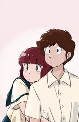  1980s_(style) 1boy 1girl black_eyes blue_sailor_collar blue_skirt blunt_bangs bob_cut bright_pupils brown_hair closed_mouth collared_shirt commentary dot_mouth dress_shirt eyelashes front-to-back gradient_background highres hug hug_from_behind looking_afar looking_to_the_side miyake_shinobu moroboshi_ataru paper_texture pink_background poppowerhearts retro_artstyle sailor_collar school_uniform shirt short_sleeves skirt summer_uniform symbol-only_commentary upper_body urusei_yatsura wavy_hair white_pupils white_shirt wide-eyed 