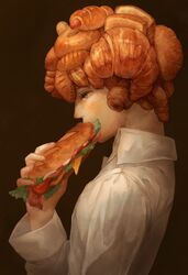  1other absurdres androgynous bagel bread bread_slice brown_background brown_eyes cheese collared_shirt croissant eating food food_focus freckles hair_as_food highres holding_sandwich korukua lettuce loaf original sandwich sausage shirt simple_background solo toast white_background 