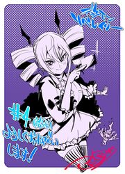  1girl border card commentary_request digimon digimon_card_game digimon_liberator dress drill_hair fukunari_kanchi ghostmon highres holding holding_card limited_palette purple_background signature solo_focus thigh-highs trading_card translation_request twin_drills violet_inboots white_border 