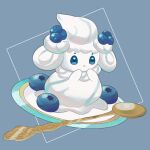  alcremie alcremie_(berry_sweet) blue_background blue_eyes blueberry commentary_request food fruit hands_up highres no_humans parted_lips plate pokemon pokemon_(creature) simple_background solo spoon sumi_fms 