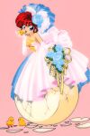  1990s_(style) 1girl animal bird blue_eyes bouquet chick cracked_egg dress egg elbow_gloves flower gloves hair_flower hair_ornament highres holding holding_animal holding_bouquet looking_at_viewer nakajima_atsuko official_art open_mouth pink_dress pink_gloves ranma-chan ranma_1/2 solo strapless_dress 