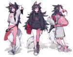 1girl :p ahri_(league_of_legends) alternate_costume animal_ears black_footwear black_hair closed_eyes facial_mark food food_in_mouth fox_ears fox_tail full_body hair_between_eyes highres holding holding_phone jacket league_of_legends long_hair looking_at_viewer looking_to_the_side multiple_views open_mouth pants phone pink_footwear pink_jacket pink_pants pizza red_bag shadow shirt sidelocks sigeumchimuchim simple_background skirt socks sparkle standing tail tongue tongue_out whisker_markings white_background white_bag white_shirt white_skirt white_socks 