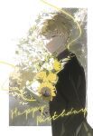  1boy absurdres atou_haruki black_jacket blonde_hair bouquet chinese_commentary closed_eyes closed_mouth commentary_request english_text flower happy_birthday highres holding holding_bouquet jacket kagekooo long_sleeves male_focus rose saibou_shinkyoku short_hair smile solo sunflower upper_body white_footwear yellow_flower yellow_rose 
