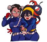  2girls abota01 absurdres amarys_(pokemon) black_hair blue_jacket blue_pants blueberry_academy_school_uniform carmine_(pokemon) crossed_bangs dark-skinned_female dark_skin glasses gloves green_eyes hair_between_eyes hairband highres hug hug_from_behind jacket long_sleeves mole mole_under_eye multiple_girls open_mouth pants partially_fingerless_gloves pokemon pokemon_sv red_gloves redhead school_uniform single_glove white_background yellow_hairband 