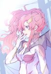  1girl absurdres blue_eyes breasts gundam gundam_seed gundam_seed_freedom hair_ornament highres lacus_clyne long_hair mecha mechanical_wings normal_suit open_mouth pilot_suit pink_hair ponytail robot science_fiction solo soshiki upper_body very_long_hair wings 