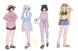  4girls ahoge alternate_costume belt black_hair black_shorts blake_belladonna blonde_hair blue_eyes brown_belt brown_hair brown_skirt crossed_arms cup denim denim_shorts glasses grey_eyes hat heart heart-shaped_eyewear highres holding holding_cup long_hair midriff multicolored_hair multiple_girls muneta_(ntani_2) navel pants pink_pants pink_shirt ponytail redhead ruby_rose rwby scar scar_across_eye scar_on_face shirt short_hair short_shorts shorts side_ponytail simple_background skirt smile weiss_schnee white_background white_shirt yang_xiao_long 