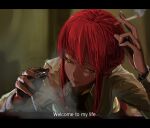  1girl absurdres chainsaw_man cigarette collared_shirt commentary constantine cup drinking_glass english_text formal higemu highres holding holding_cigarette letterboxed long_hair long_sleeves makima_(chainsaw_man) office_lady parody redhead shirt sidelocks smoke smoking solo subtitled upper_body white_shirt yellow_eyes 