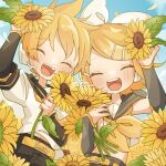  1boy 1girl 421ooouy absurdres belt blonde_hair blush bow closed_eyes crop_top day detached_sleeves field flower flower_field hair_bow hair_ornament hairclip headphones headset highres holding holding_flower kagamine_len kagamine_rin long_sleeves midriff navel open_mouth outdoors petals sailor_collar shirt short_hair short_sleeves sleeveless sleeveless_shirt smile sunflower sunflower_field teeth upper_teeth_only vocaloid 
