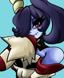  1girl absurdres bare_shoulders blue_hair blue_skin colored_skin detached_collar detached_sleeves edworld hair_over_one_eye hand_on_own_face highres object_through_head red_eyes side_ponytail simple_background skull skullgirls smile solo squigly_(skullgirls) stitched_mouth stitches striped_sleeves zombie 