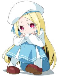  1girl amatsuki_kurone blonde_hair blue_dress brown_footwear dress hat highres hugging_own_legs knees_to_chest knees_up long_hair looking_at_viewer mahou_shoujo_ni_akogarete morino_korisu pantyhose pinafore_dress pink_eyes sailor_hat shadow simple_background sitting sleeveless sleeveless_dress solo white_background white_hat white_pantyhose 