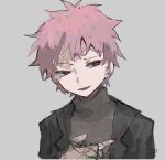  1boy atou_haruki black_jacket brown_sweater chinese_commentary commentary_request jacket male_focus mintcrpt open_clothes open_jacket open_mouth pink_hair portrait red_eyes saibou_shinkyoku short_hair sketch smile solo spoilers sweater turtleneck turtleneck_sweater 