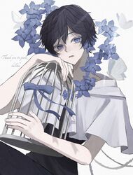  1boy artist_name birdcage black_hair black_pants black_shirt blue_eyes blue_flower blue_ribbon bug butterfly cage commentary_request commission english_text flower flower_request highres holding kuleha_s looking_at_viewer male_focus original pants parted_lips ribbon shirt short_hair simple_background sitting skeb_commission solo white_background 