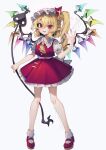  1girl ascot blonde_hair blush collared_shirt crystal dated fangs fingernails flandre_scarlet frilled_shirt_collar frilled_skirt frills full_body gunjou_row hair_between_eyes hat highres laevatein_(touhou) long_fingernails long_hair looking_at_viewer mob_cap nail_polish one_side_up open_mouth pointy_ears puffy_short_sleeves puffy_sleeves red_eyes red_footwear red_nails red_skirt red_vest sharp_fingernails shirt shoes short_sleeves signature simple_background skirt slit_pupils smile socks solo touhou twitter_username vest white_background white_hat white_shirt white_socks wings yellow_ascot 
