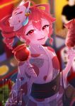  1girl artist_name bag bell blurry blurry_background blush candy_apple commentary_request drill_hair fish_(food) food fox_mask grilled_eel hachi_h1 highres holding holding_food japanese_clothes jingle_bell kasane_teto kimono looking_at_viewer mask mask_on_head nail_polish obi open_mouth pink_eyes pink_hair sash smile solo twin_drills utau yukata 