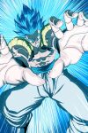  1boy abs absurdres black_vest blue_background blue_eyes blue_hair blue_sash blue_theme clenched_teeth cropped_vest dragon_ball dragon_ball_super dragon_ball_super_broly gogeta highres kazumax76 male_focus muscular muscular_male outstretched_arms pants sash solo speed_lines spiky_hair super_saiyan super_saiyan_blue teeth vest white_pants 