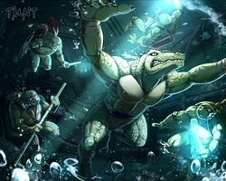 5boys air_bubble alligator bandana bubble crocodilian donatello donatello_(tmnt) furry furry_male holding holding_staff holding_sword holding_weapon inubiko leatherhead_(tmnt) leonardo leonardo_(tmnt) michelangelo michelangelo_(tmnt) multiple_boys open_mouth raphael raphael_(tmnt) scuba_tank sewer staff sword teenage_mutant_ninja_turtles teenage_mutant_ninja_turtles_(2003) turtle underwater water water_drop weapon yellow_eyes